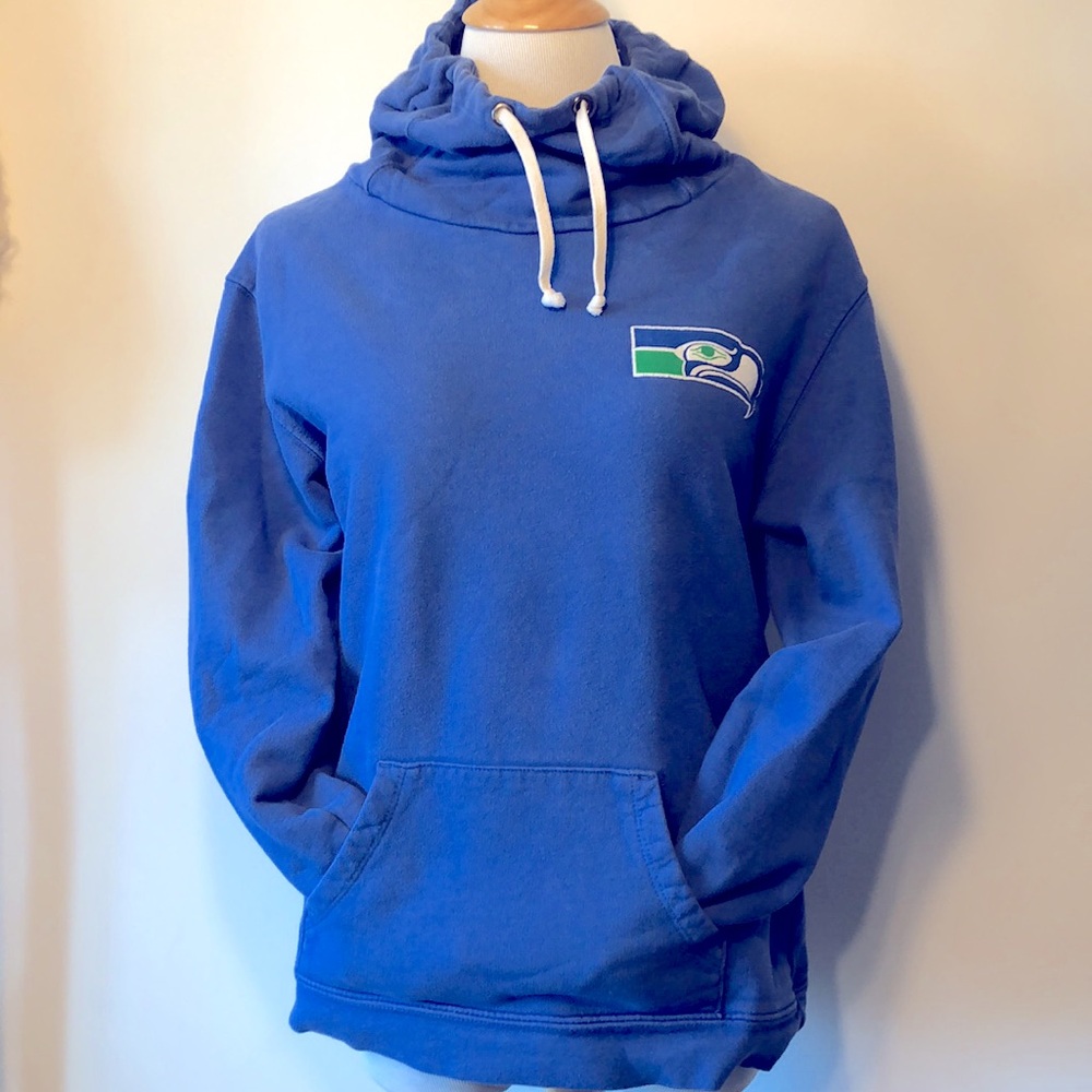 SEATTLE SEAHAWKS Blue & Green Distressed Funnel Neck Sweatshirt Top-Size Small